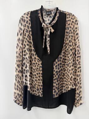 Just Cavalli 100% Silk Leopard Print Tie Neck Blouse Black Contrast Top IT 40